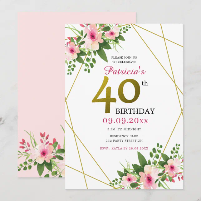 Pink Watercolor Floral Gold Glitter 40th Birthday Invitation | Zazzle