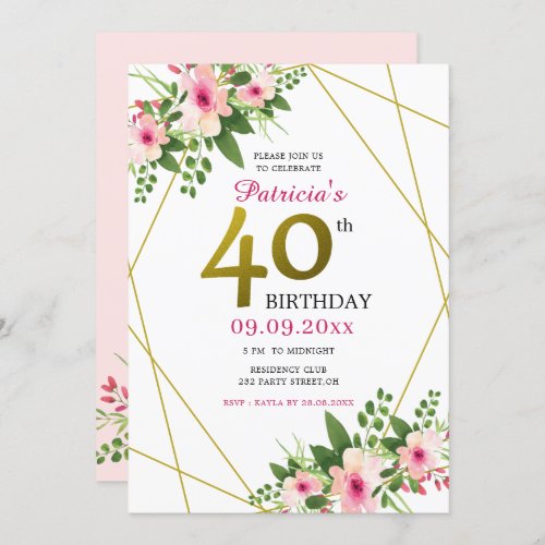 Pink Watercolor Floral Gold Glitter 40th Birthday Invitation