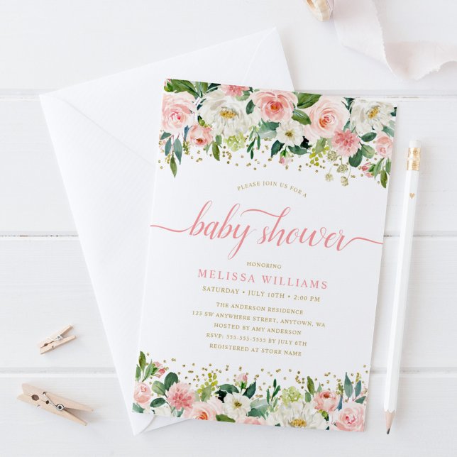Pink Watercolor Floral Gold Glitter Baby Shower Invitation (Creator Uploaded)