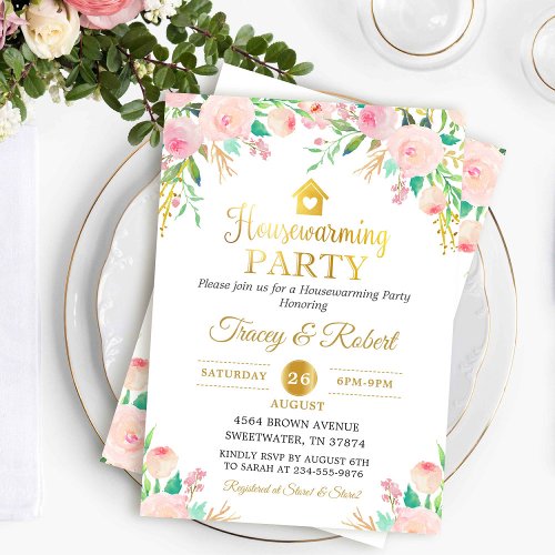 Pink Watercolor Floral Gold Housewarming Invite