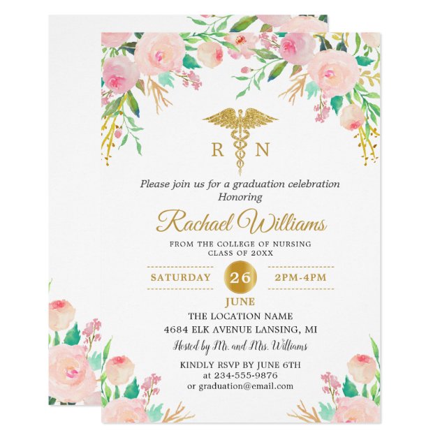 Pink Watercolor Floral Gold Nurse Graduation Party Invitation