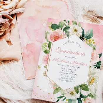 Pink Watercolor Floral Gold Quinceañera Birthday  Invitation by MaggieMart at Zazzle