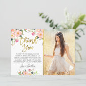 Pink Watercolor Floral Gold Script Birthday Photo Thank You Card (Standing Front)