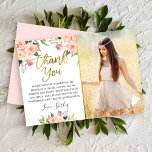 Pink Watercolor Floral Gold Script Birthday Photo Thank You Card<br><div class="desc">Pink Watercolor Floral Gold Script Birthday Photo Thank You Card</div>