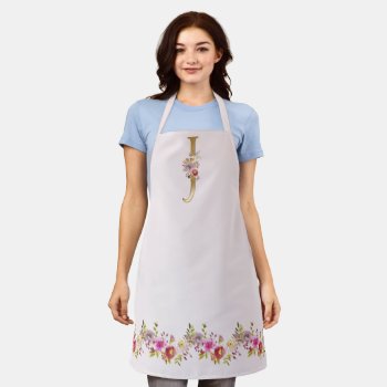 Pink Watercolor Floral - Gold Tone Monogram J Apron by TrendyKitchens at Zazzle