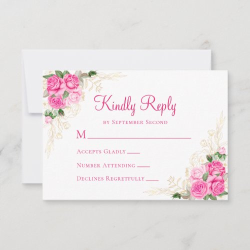 Pink Watercolor Floral Gold Wedding RSVP Card