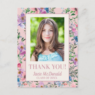 Pink Watercolor Floral Graduation Thank You Announcement Postcard