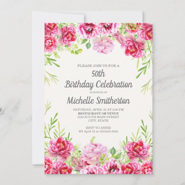 Pink Watercolor Floral Greenery 50th Birthday Invitation (Front)