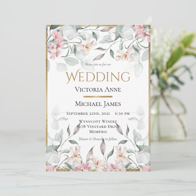 Pink Watercolor Floral Greenery Wedding Invitation (Standing Front)