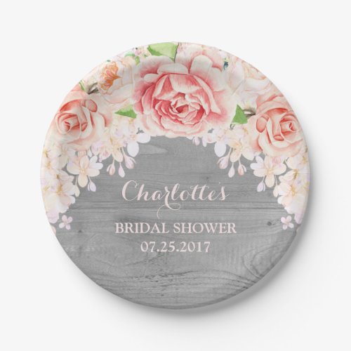 Pink Watercolor Floral Grey Wood Bridal Shower Paper Plates
