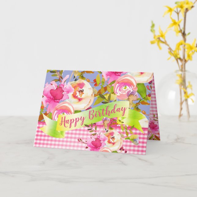 Pink Watercolor Floral Happy Birthday with Message Card (Yellow Flower)
