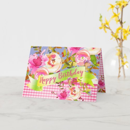 Pink Watercolor Floral Happy Birthday with Message Card
