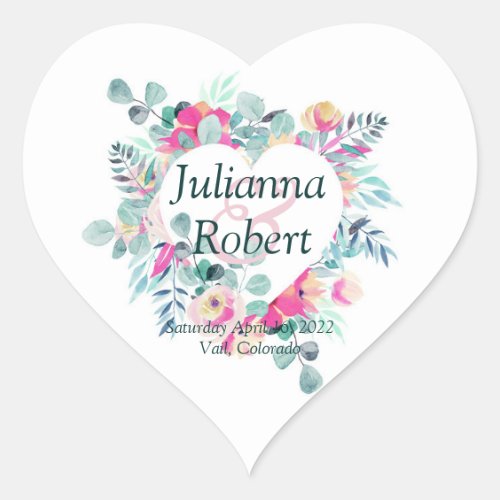 Pink watercolor floral heart  wedding classic roun heart sticker