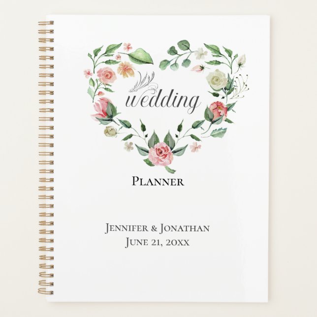 Pink Watercolor Floral Heart Wedding Planner (Front)