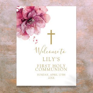 Pink Watercolor Floral Holy Communion Welcome Sign