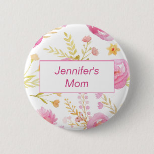 Pink Watercolor Floral ID Baby Shower Button