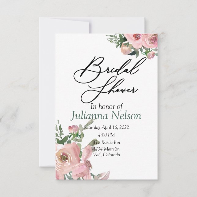 Pink watercolor floral  invitation (Front)