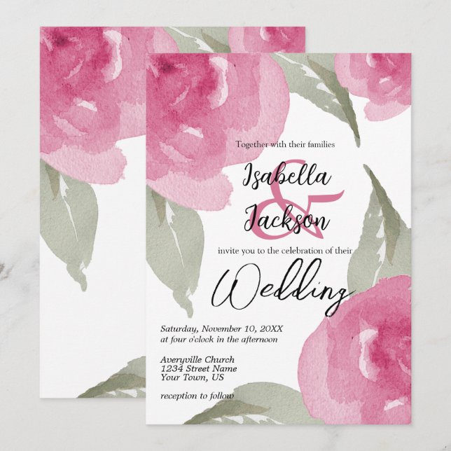 Pink Watercolor Floral  Invitation (Front/Back)