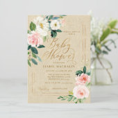 Pink Watercolor Floral Kraft Rustic Baby Shower Invitation (Standing Front)