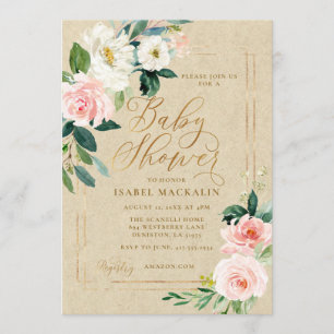 Pink Watercolor Floral Kraft Rustic Baby Shower Invitation