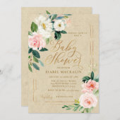 Pink Watercolor Floral Kraft Rustic Baby Shower Invitation (Front/Back)