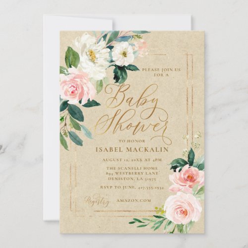 Pink Watercolor Floral Kraft Rustic Baby Shower Invitation