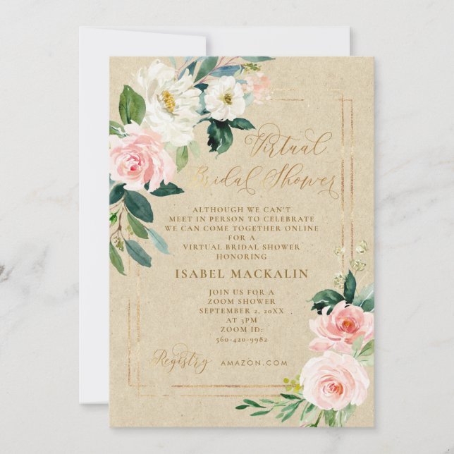 Pink Watercolor Floral Kraft Virtual Bridal Shower Invitation (Front)