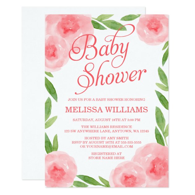 Pink Watercolor Floral Leaf Girl Baby Shower Invitation