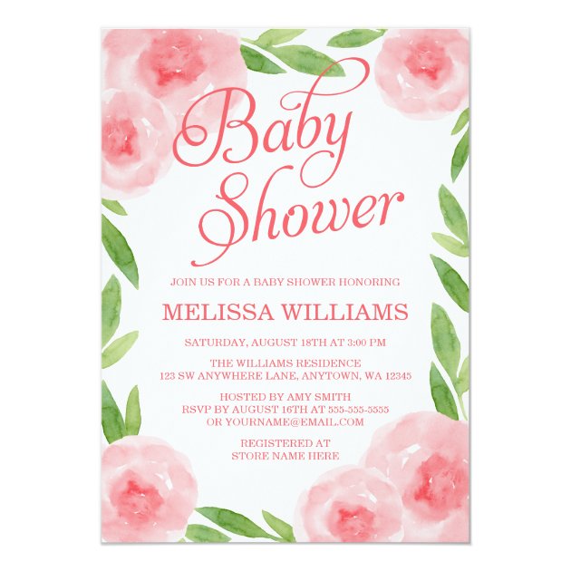 Pink Watercolor Floral Leaf Girl Baby Shower Invitation