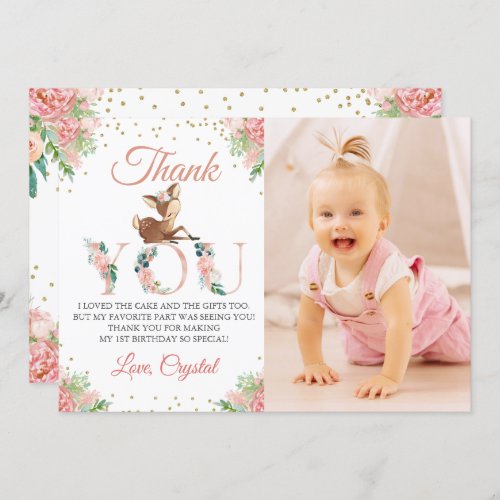 Pink Watercolor Floral Little Deer Birthday Photo Thank You Card