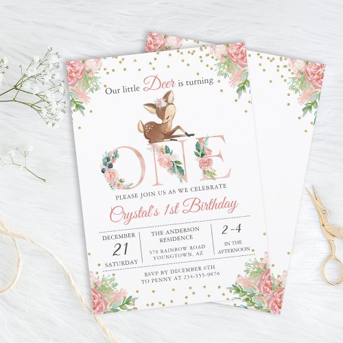Pink Watercolor Floral Little Deer First Birthday Invitation