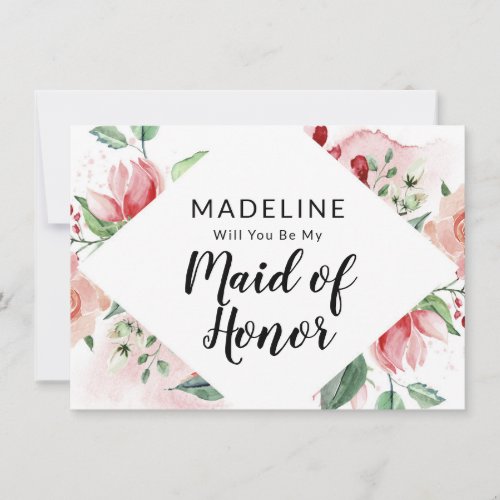 Pink Watercolor Floral Maid of Honor Proposal Card