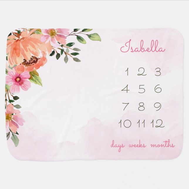 Pink Watercolor Floral Milestone Baby Blanket (Horizontal)