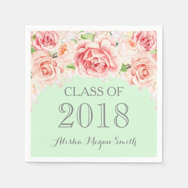 Pink Watercolor Floral Mint 2018 Graduation Napkin
