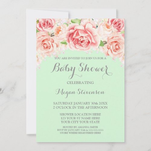 Pink Watercolor Floral Mint Baby Shower Invitation