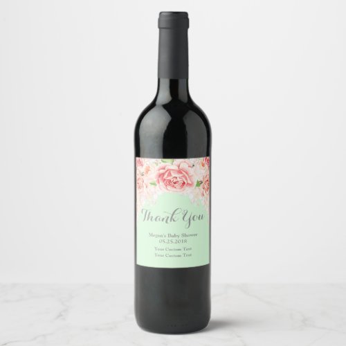 Pink Watercolor Floral Mint Baby Shower Wine Label