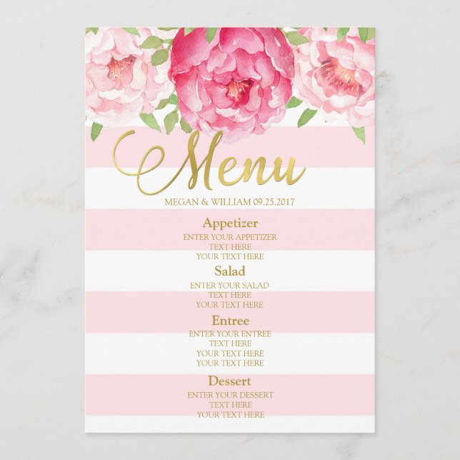 Pink Watercolor Floral Mint Stripes Wedding Menu (Front)