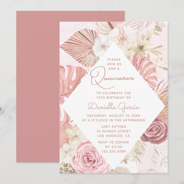 Pink Watercolor Floral Modern Rustic Quinceañera Invitation (Front/Back)