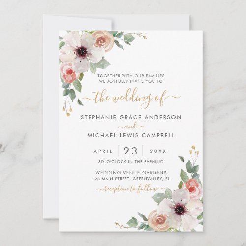 Pink Watercolor Floral Modern Wedding Invitation