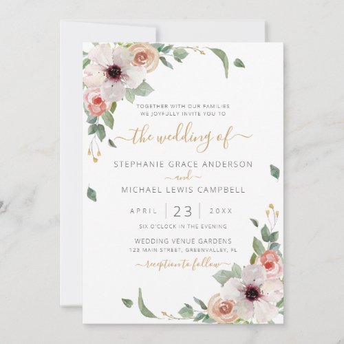 Pink Watercolor Floral Modern Wedding Invitation