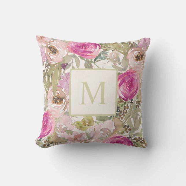 Pink Watercolor Floral Monogram Initial   Outdoor Pillow (Front)