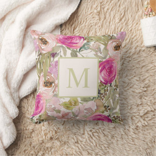 Pink Watercolor Floral Monogram Initial Throw Pillow