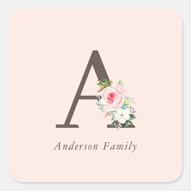 Pink Watercolor Floral Monogram Square Sticker (Front)