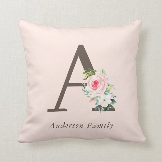 Pink Watercolor Floral Monogram Throw Pillow