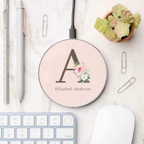 Pink Watercolor Floral Monogram Wireless Charger