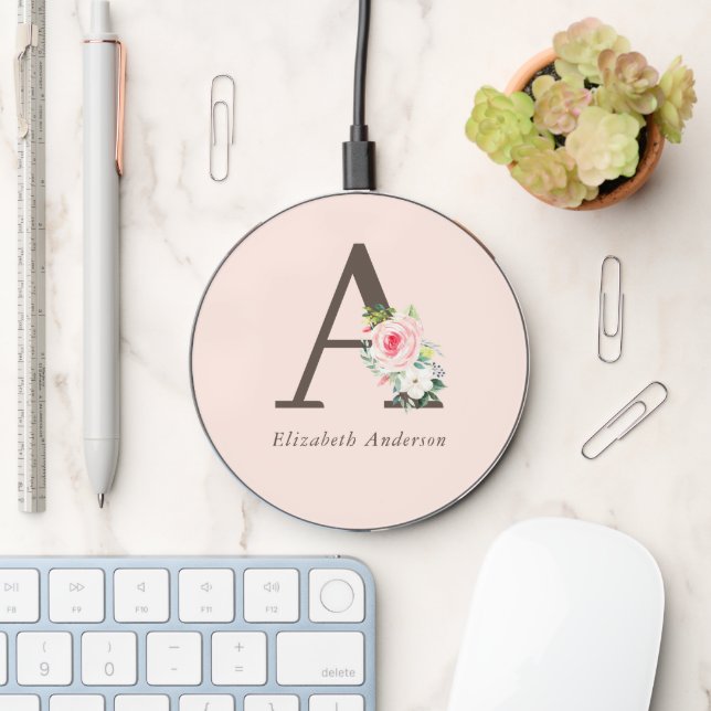 Pink Watercolor Floral Monogram Wireless Charger (Desk)