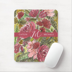 Pink Watercolor Floral Monogram with Name Mouse Pad
