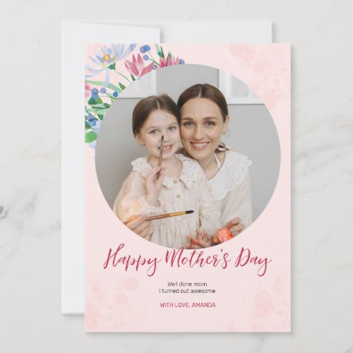 Pink Watercolor Floral Mothers Day Photo Card