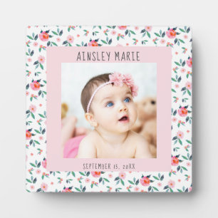 Pink Watercolor Floral New Baby Girl Photo Plaque