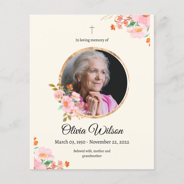 Pink Watercolor Floral Obituary Memorial Service  Flyer (Front)